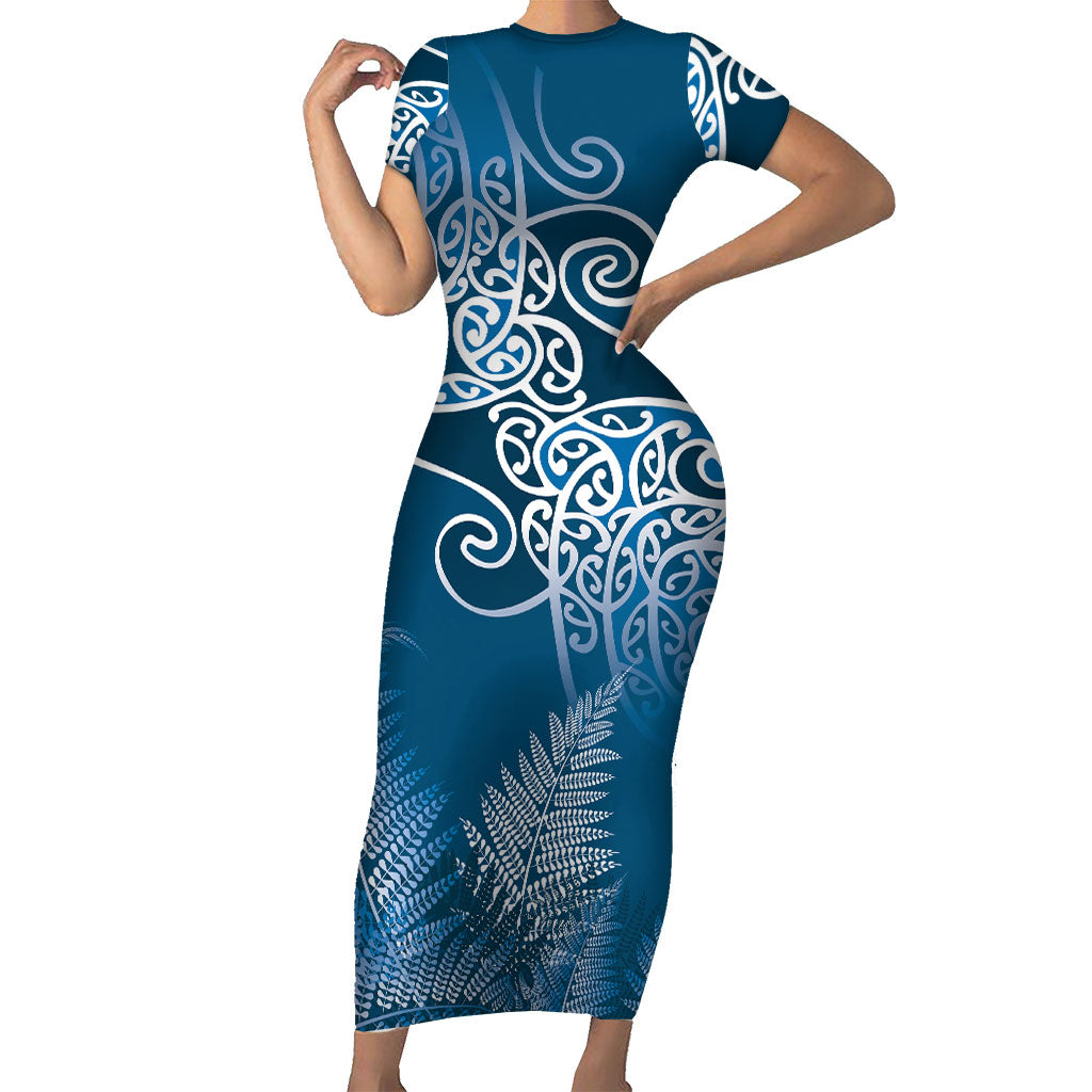 Aotearoa Maori Koru Curves Short Sleeve Bodycon Dress Silver Ferns - Navy Blue