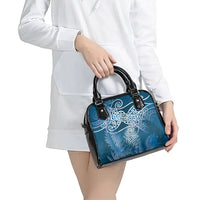 Aotearoa Maori Koru Curves Shoulder Handbag Silver Ferns - Navy Blue