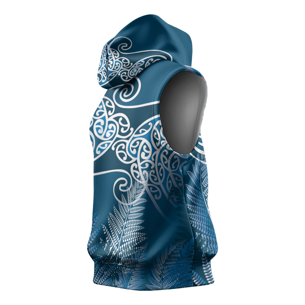 Aotearoa Maori Koru Curves Sleeveless Hoodie Silver Ferns - Navy Blue