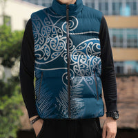 Aotearoa Maori Koru Curves Sleeveless Puffer Jacket Silver Ferns - Navy Blue
