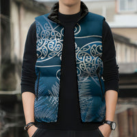 Aotearoa Maori Koru Curves Sleeveless Puffer Jacket Silver Ferns - Navy Blue