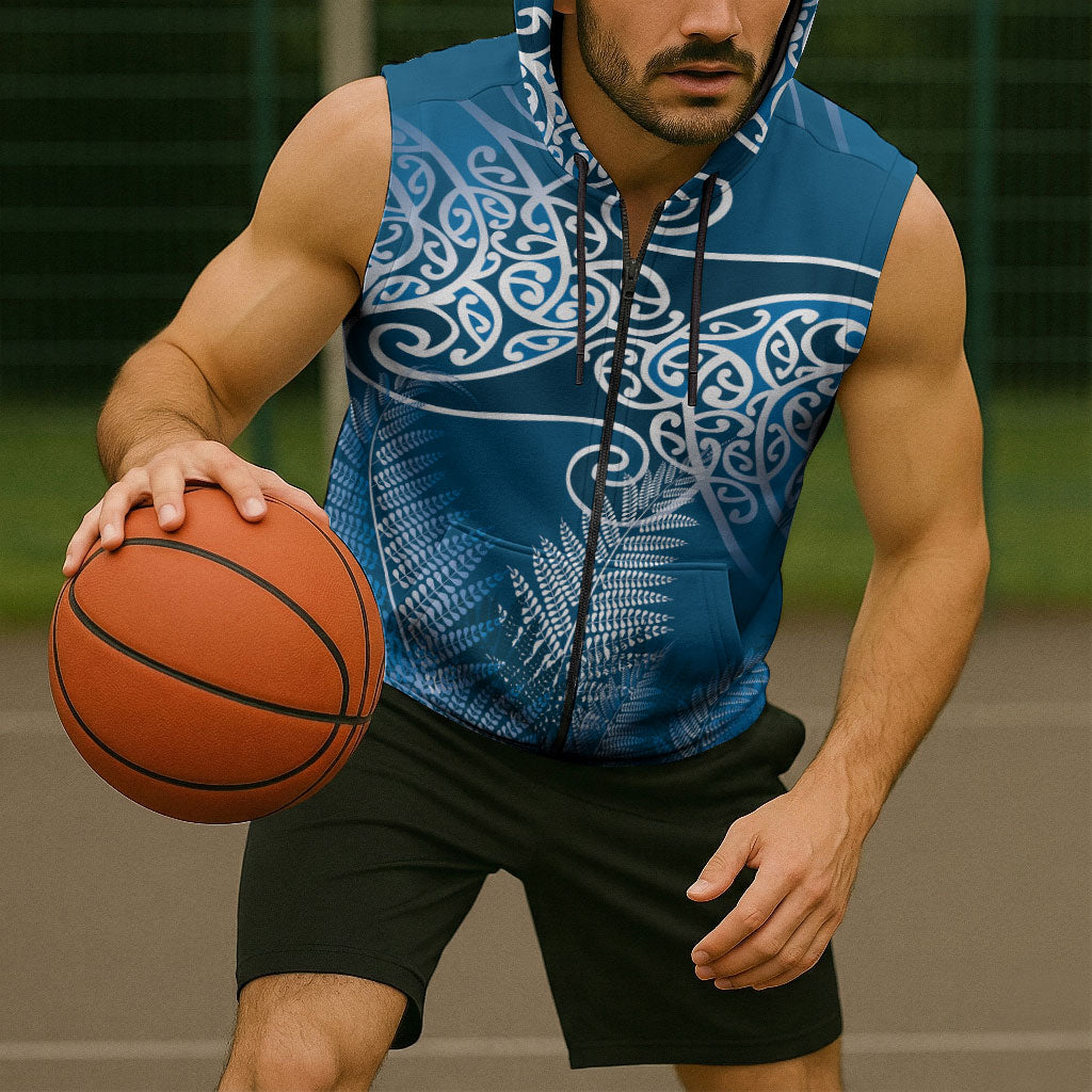 Aotearoa Maori Koru Curves Sleeveless Zip Hoodie Silver Ferns - Navy Blue