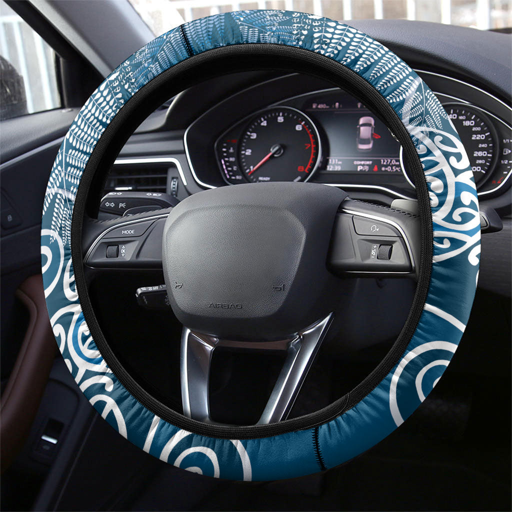 Aotearoa Maori Koru Curves Steering Wheel Cover Silver Ferns - Navy Blue
