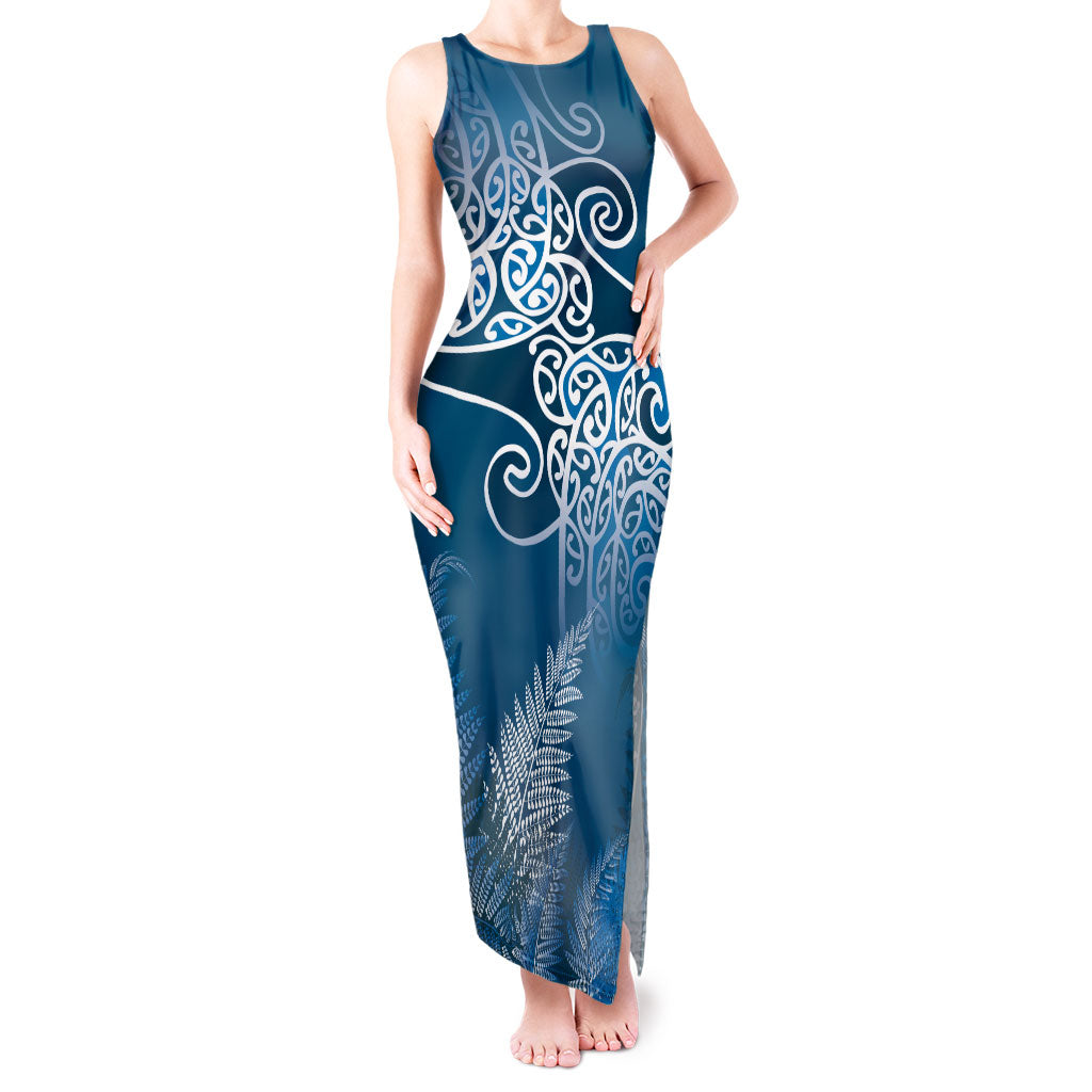 Aotearoa Maori Koru Curves Tank Maxi Dress Silver Ferns - Navy Blue