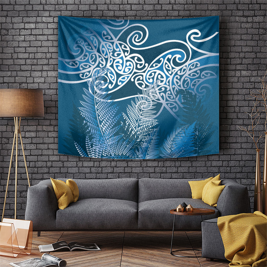 Aotearoa Maori Koru Curves Tapestry Silver Ferns - Navy Blue