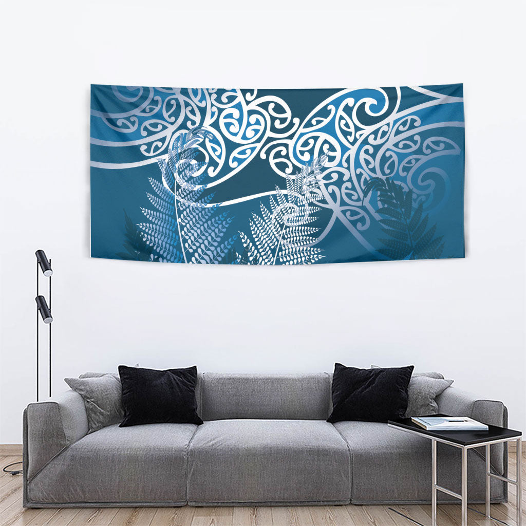 Aotearoa Maori Koru Curves Tapestry Silver Ferns - Navy Blue