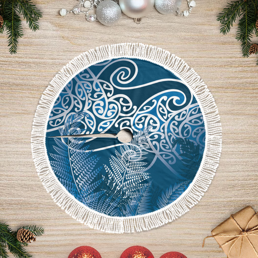 Aotearoa Maori Koru Curves Tree Skirt Silver Ferns - Navy Blue
