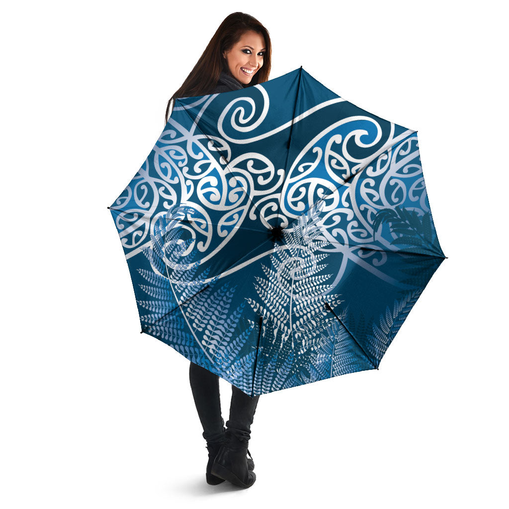Aotearoa Maori Koru Curves Umbrella Silver Ferns - Navy Blue
