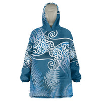 Aotearoa Maori Koru Curves Wearable Blanket Hoodie Silver Ferns - Navy Blue