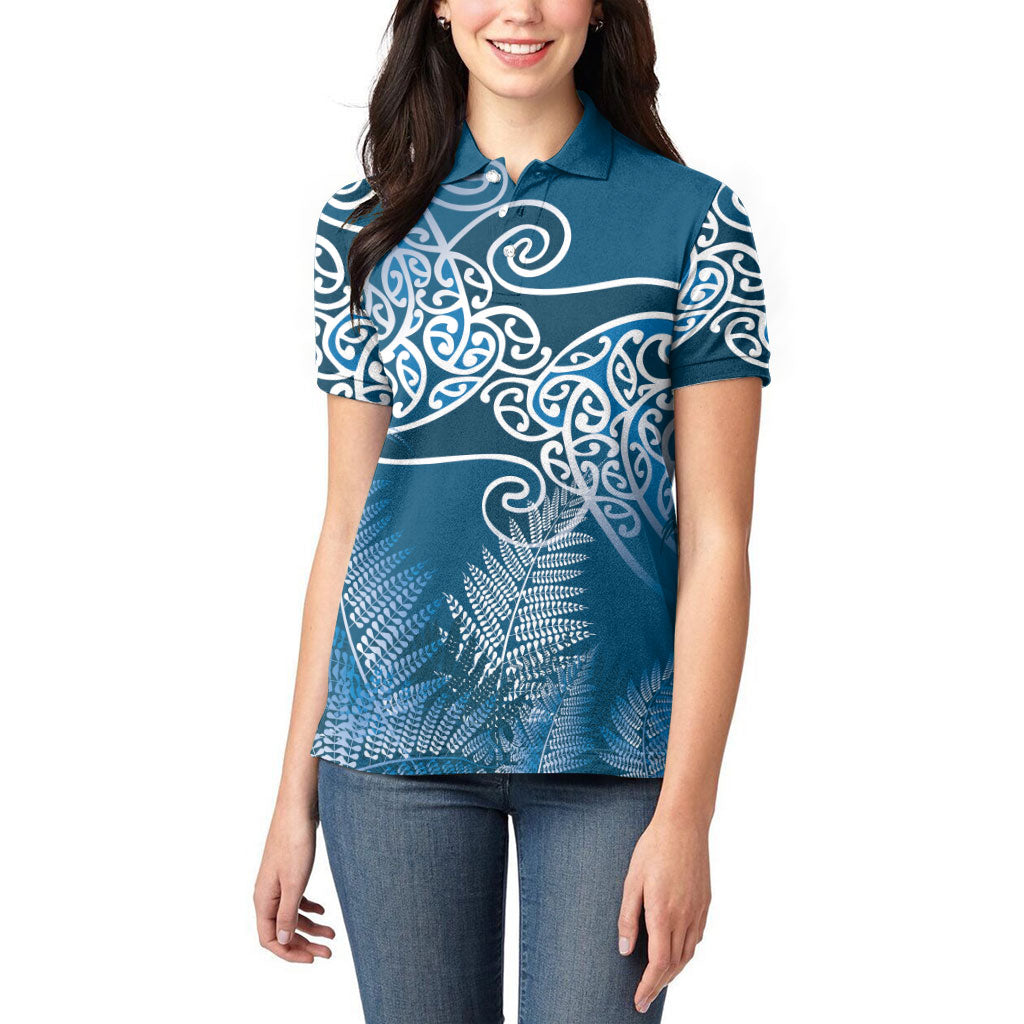 Aotearoa Maori Koru Curves Women Polo Shirt Silver Ferns - Navy Blue