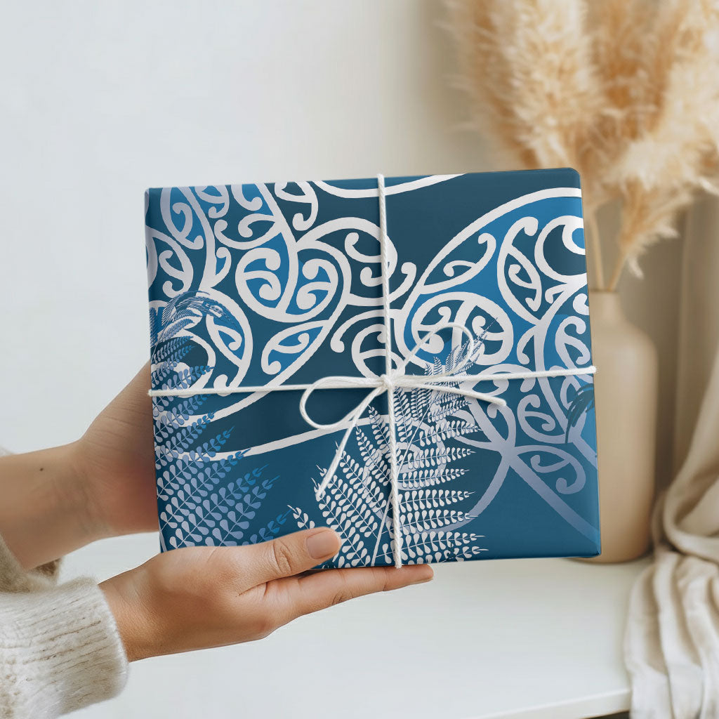 Aotearoa Maori Koru Curves Wrapping Paper Silver Ferns - Navy Blue