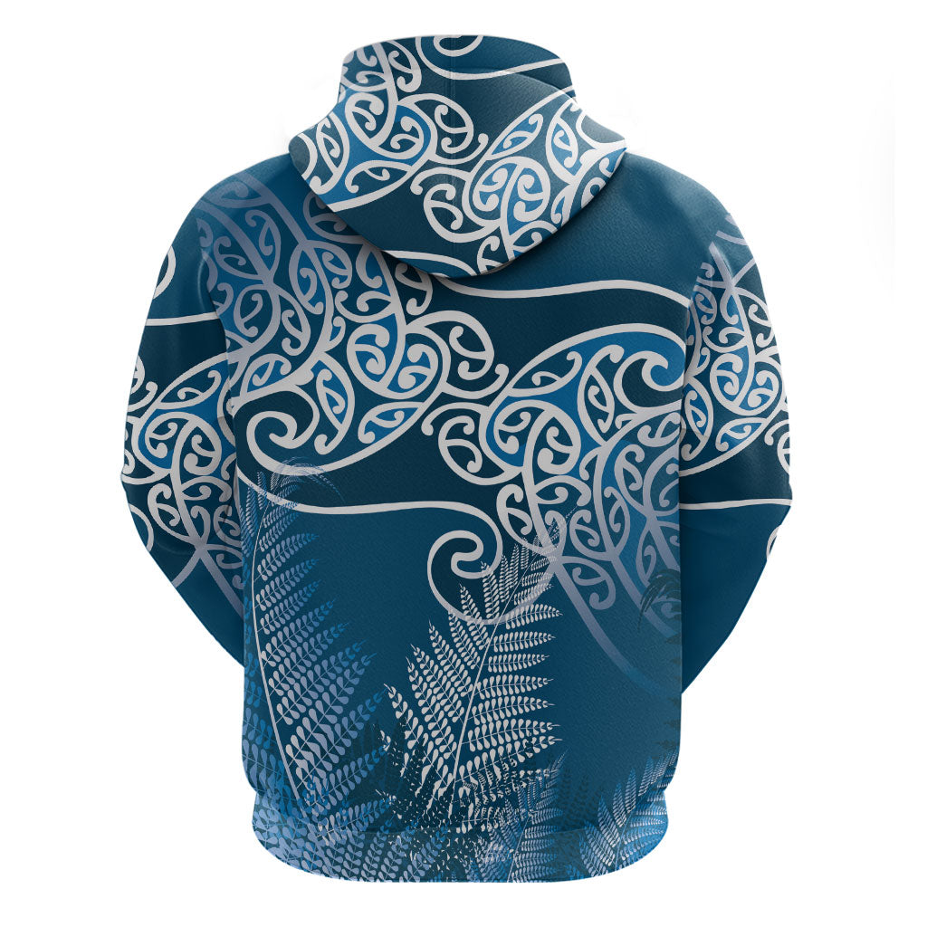 Aotearoa Maori Koru Curves Zip Hoodie Silver Ferns - Navy Blue