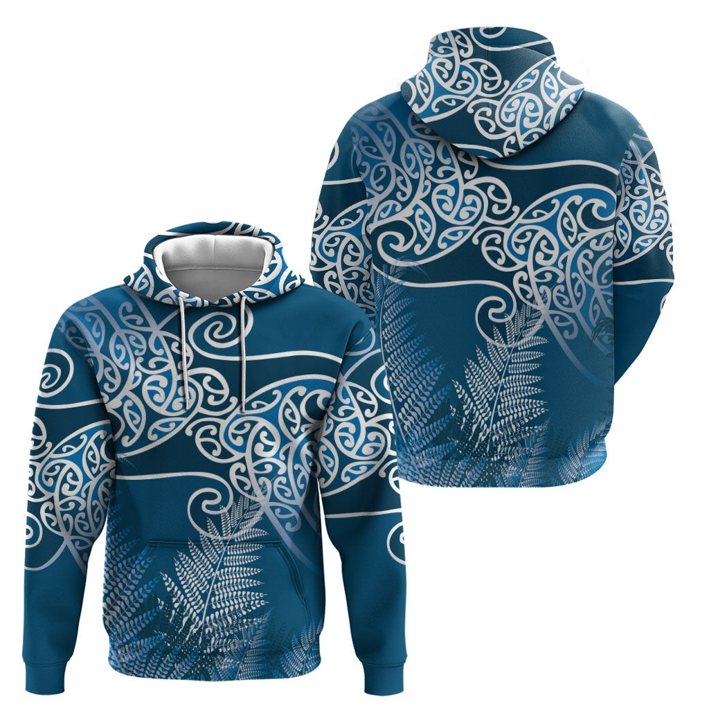 Aotearoa Maori Koru Curves Zip Hoodie Silver Ferns - Navy Blue