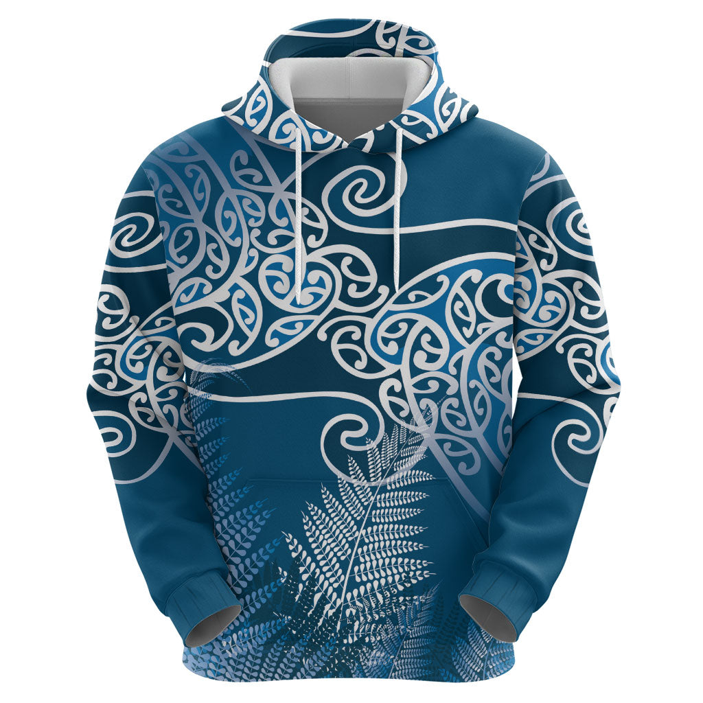 Aotearoa Maori Koru Curves Zip Hoodie Silver Ferns - Navy Blue