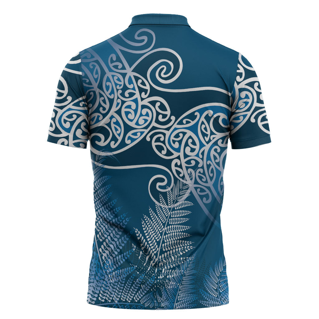 Aotearoa Maori Koru Curves Zipper Polo Shirt Silver Ferns - Navy Blue