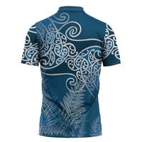 Aotearoa Maori Koru Curves Zipper Polo Shirt Silver Ferns - Navy Blue