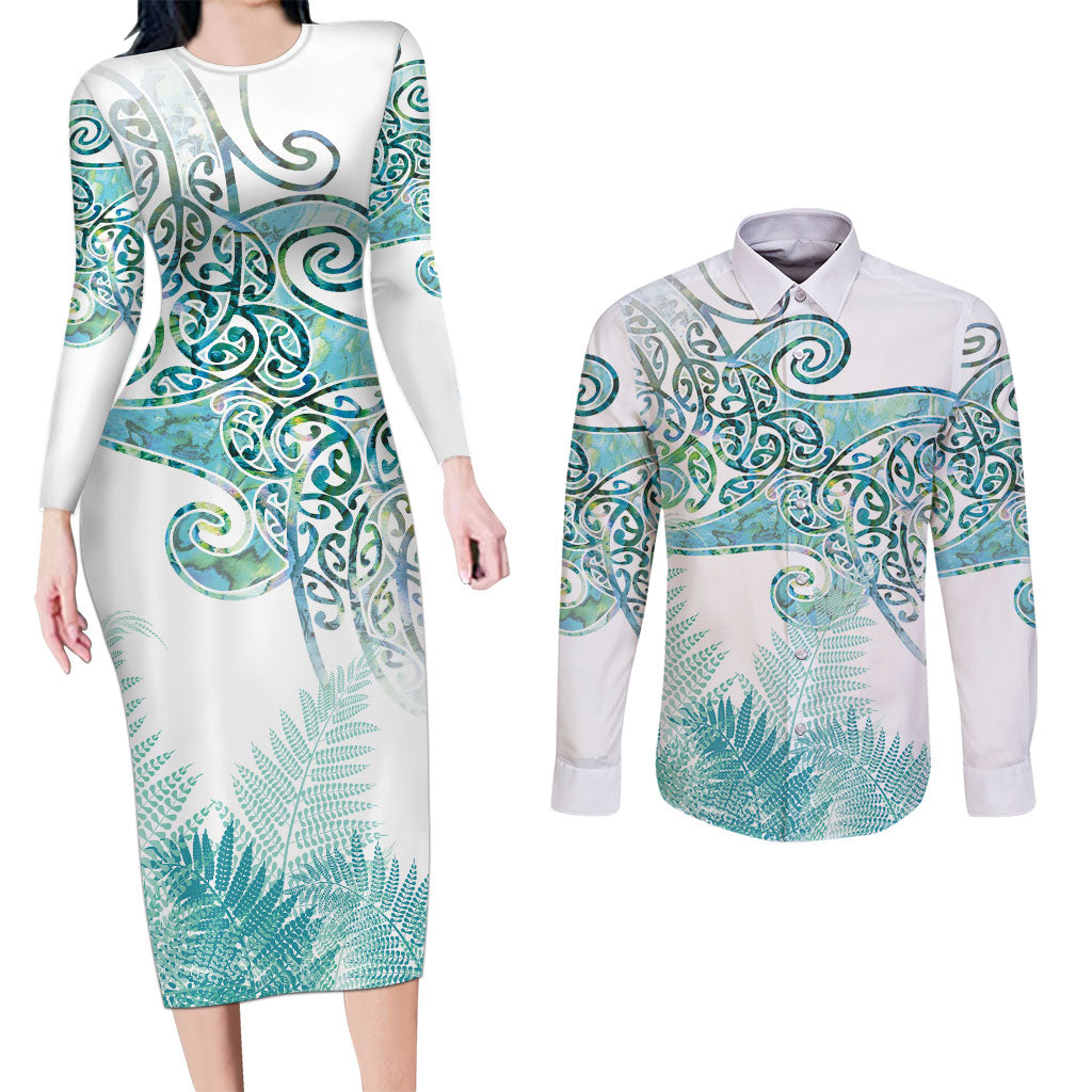 Aotearoa Maori Koru Curves Couples Matching Long Sleeve Bodycon Dress and Long Sleeve Button Shirt Mossy Paua Shell