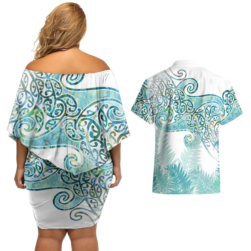 Aotearoa Maori Koru Curves Couples Matching Off Shoulder Short Dress and Hawaiian Shirt Mossy Paua Shell