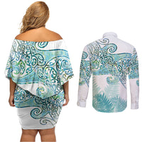 Aotearoa Maori Koru Curves Couples Matching Off Shoulder Short Dress and Long Sleeve Button Shirt Mossy Paua Shell