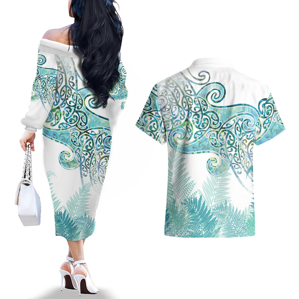 Aotearoa Maori Koru Curves Couples Matching Off The Shoulder Long Sleeve Dress and Hawaiian Shirt Mossy Paua Shell