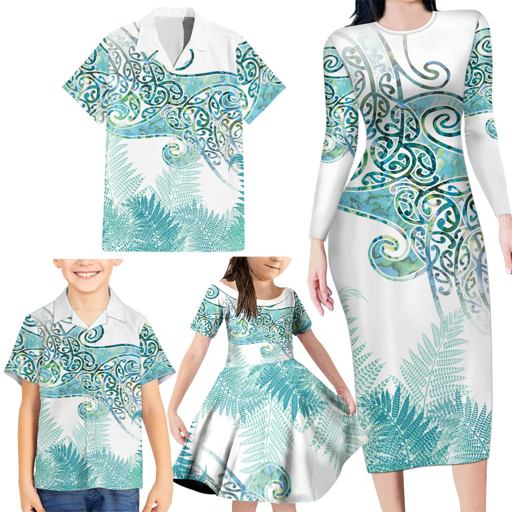 Aotearoa Maori Koru Curves Family Matching Long Sleeve Bodycon Dress and Hawaiian Shirt Mossy Paua Shell LT7 - Polynesian Pride