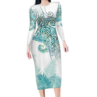 Aotearoa Maori Koru Curves Family Matching Long Sleeve Bodycon Dress and Hawaiian Shirt Mossy Paua Shell LT7 Mom's Dress Green - Polynesian Pride
