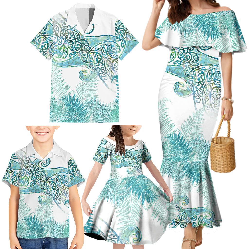 Aotearoa Maori Koru Curves Family Matching Mermaid Dress and Hawaiian Shirt Mossy Paua Shell LT7 - Polynesian Pride