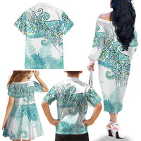 Aotearoa Maori Koru Curves Family Matching Off The Shoulder Long Sleeve Dress and Hawaiian Shirt Mossy Paua Shell LT7 - Polynesian Pride