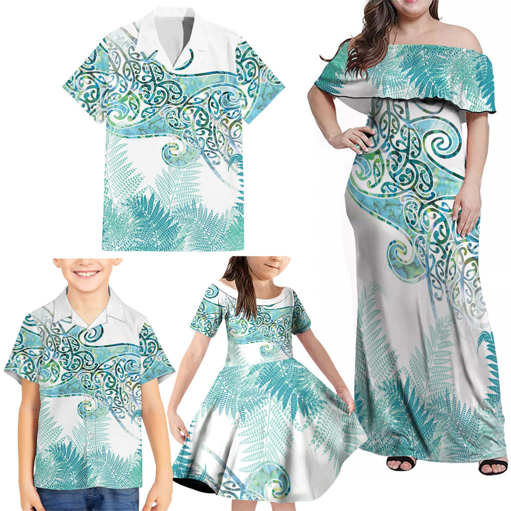 Aotearoa Maori Koru Curves Family Matching Off Shoulder Maxi Dress and Hawaiian Shirt Mossy Paua Shell