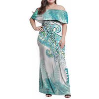 Aotearoa Maori Koru Curves Family Matching Off Shoulder Maxi Dress and Hawaiian Shirt Mossy Paua Shell