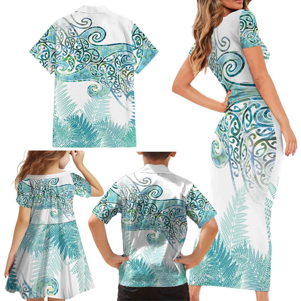 Aotearoa Maori Koru Curves Family Matching Short Sleeve Bodycon Dress and Hawaiian Shirt Mossy Paua Shell LT7 - Polynesian Pride