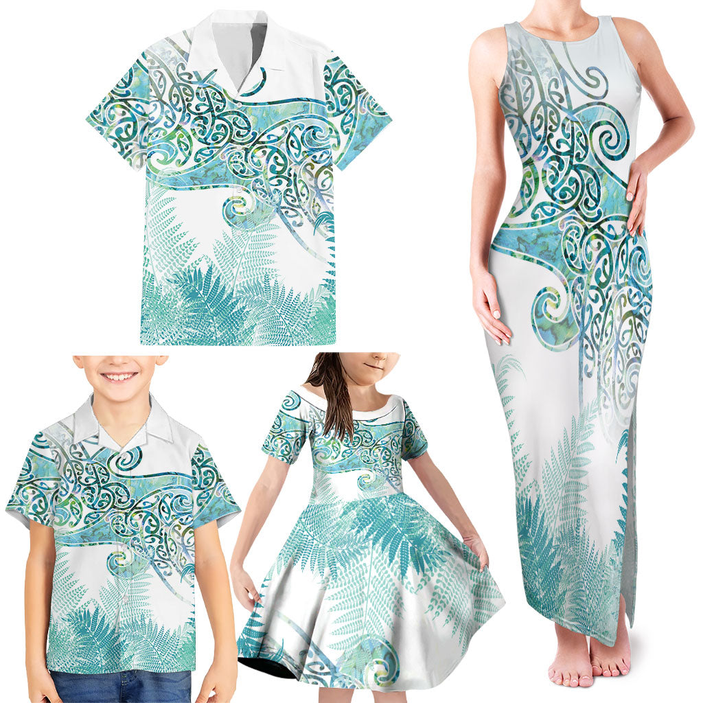 Aotearoa Maori Koru Curves Family Matching Tank Maxi Dress and Hawaiian Shirt Mossy Paua Shell