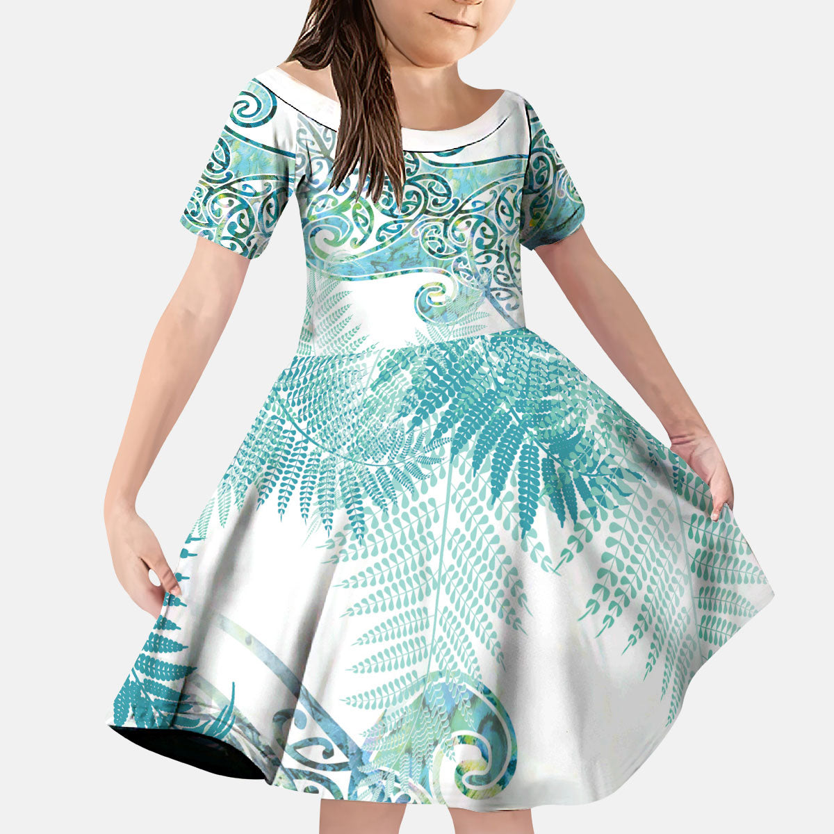 Aotearoa Maori Koru Curves Kid Short Sleeve Dress Mossy Paua Shell