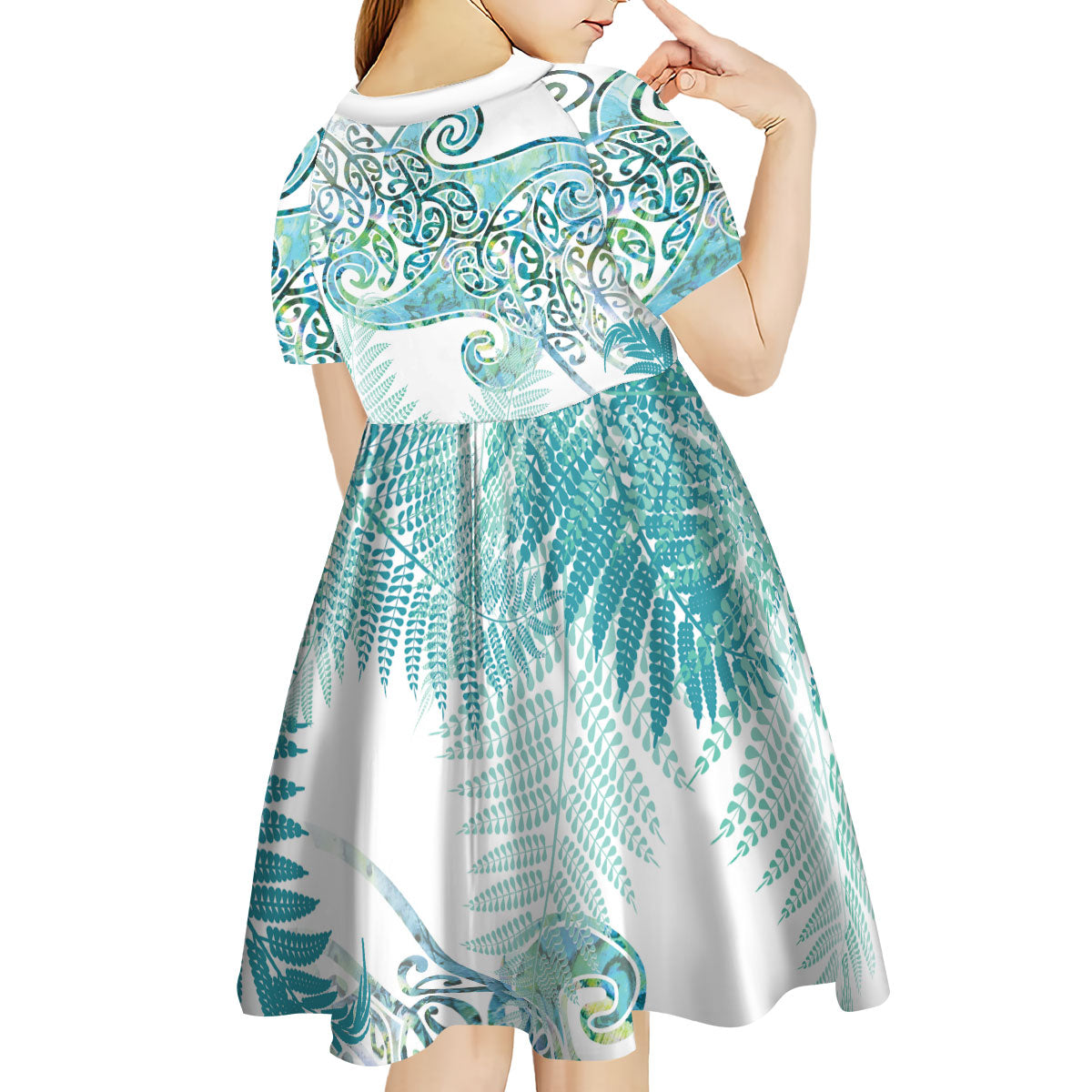 Aotearoa Maori Koru Curves Kid Short Sleeve Dress Mossy Paua Shell