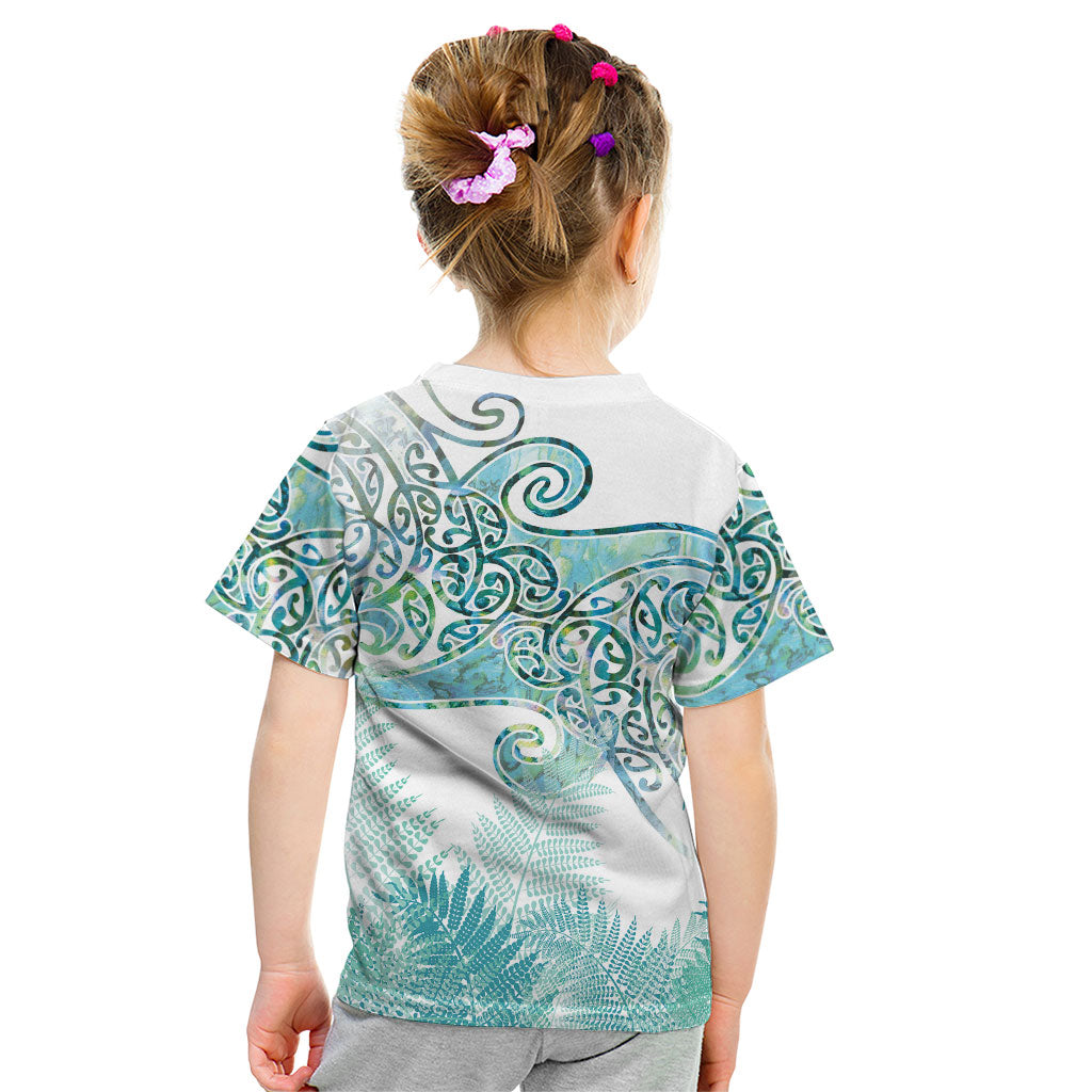 Aotearoa Maori Koru Curves Kid T Shirt Mossy Paua Shell