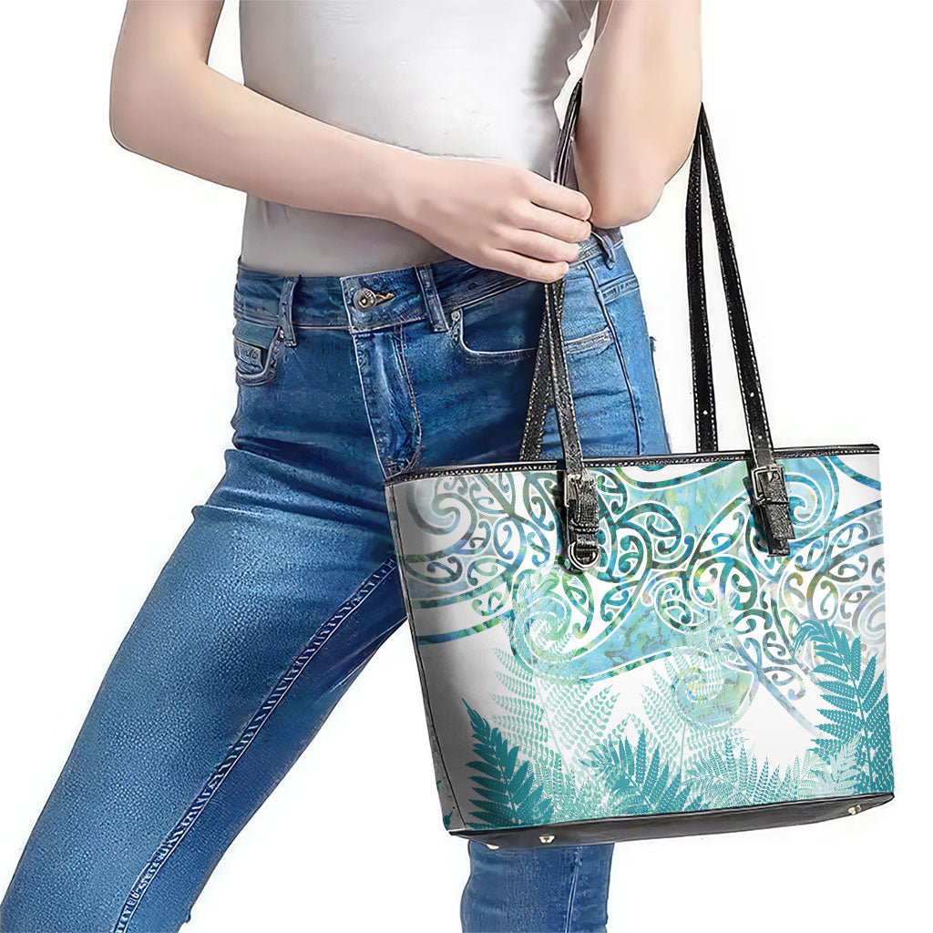Aotearoa Maori Koru Curves Leather Tote Bag Mossy Paua Shell