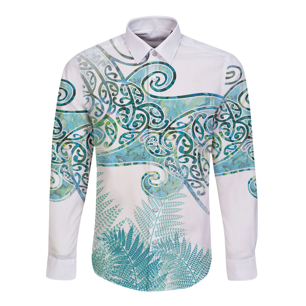 Aotearoa Maori Koru Curves Long Sleeve Button Shirt Mossy Paua Shell