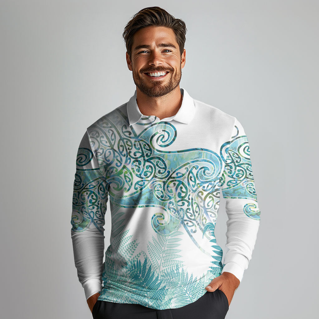 Aotearoa Maori Koru Curves Long Sleeve Polo Shirt Mossy Paua Shell