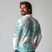 Aotearoa Maori Koru Curves Long Sleeve Polo Shirt Mossy Paua Shell