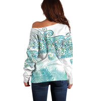 Aotearoa Maori Koru Curves Off Shoulder Sweater Mossy Paua Shell
