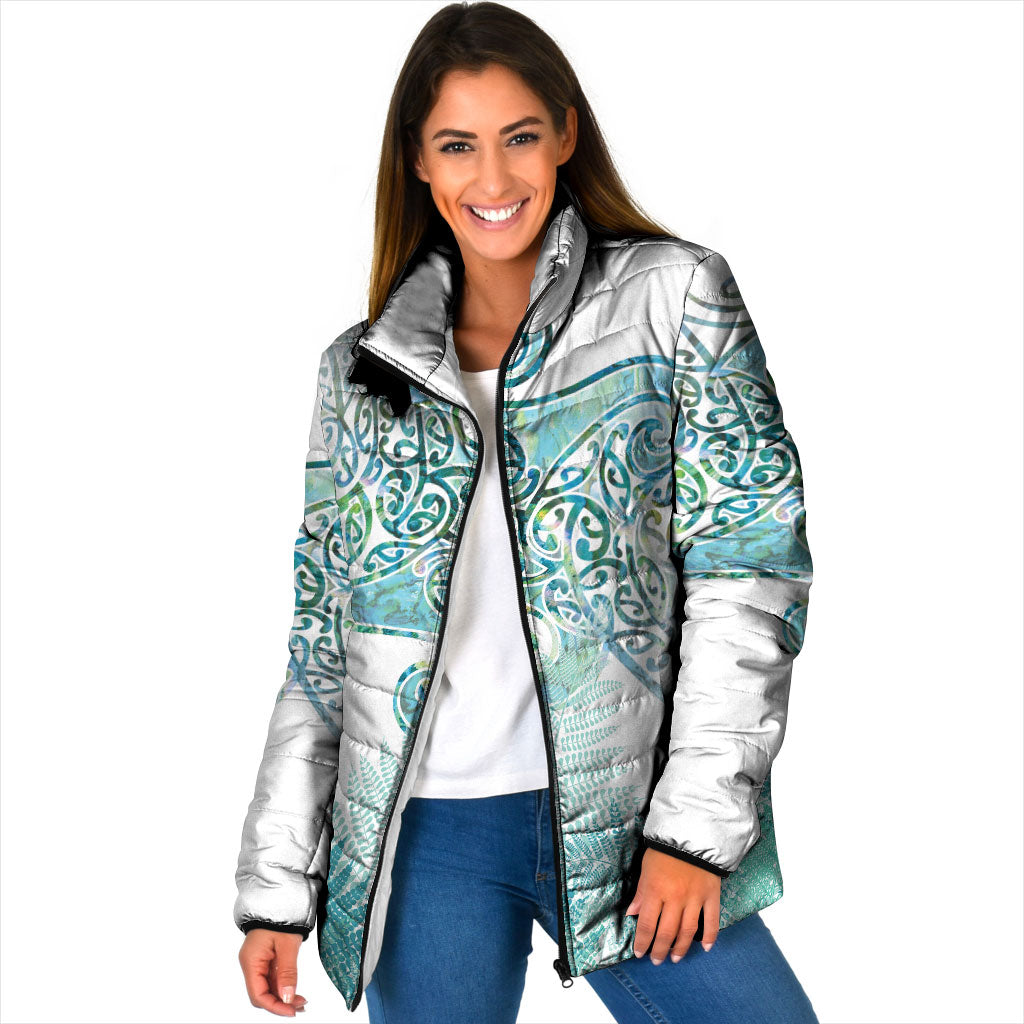 Aotearoa Maori Koru Curves Padded Jacket Mossy Paua Shell
