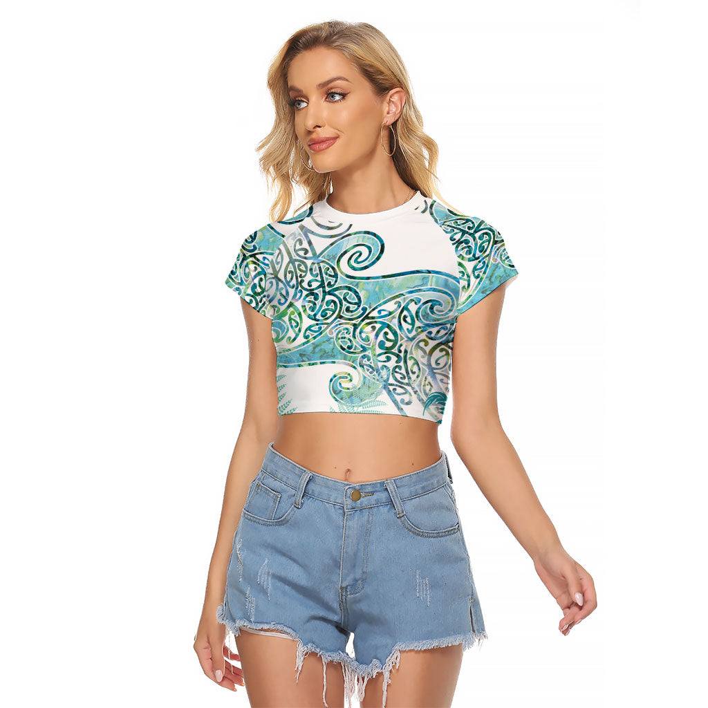 Aotearoa Maori Koru Curves Raglan Cropped T Shirt Mossy Paua Shell