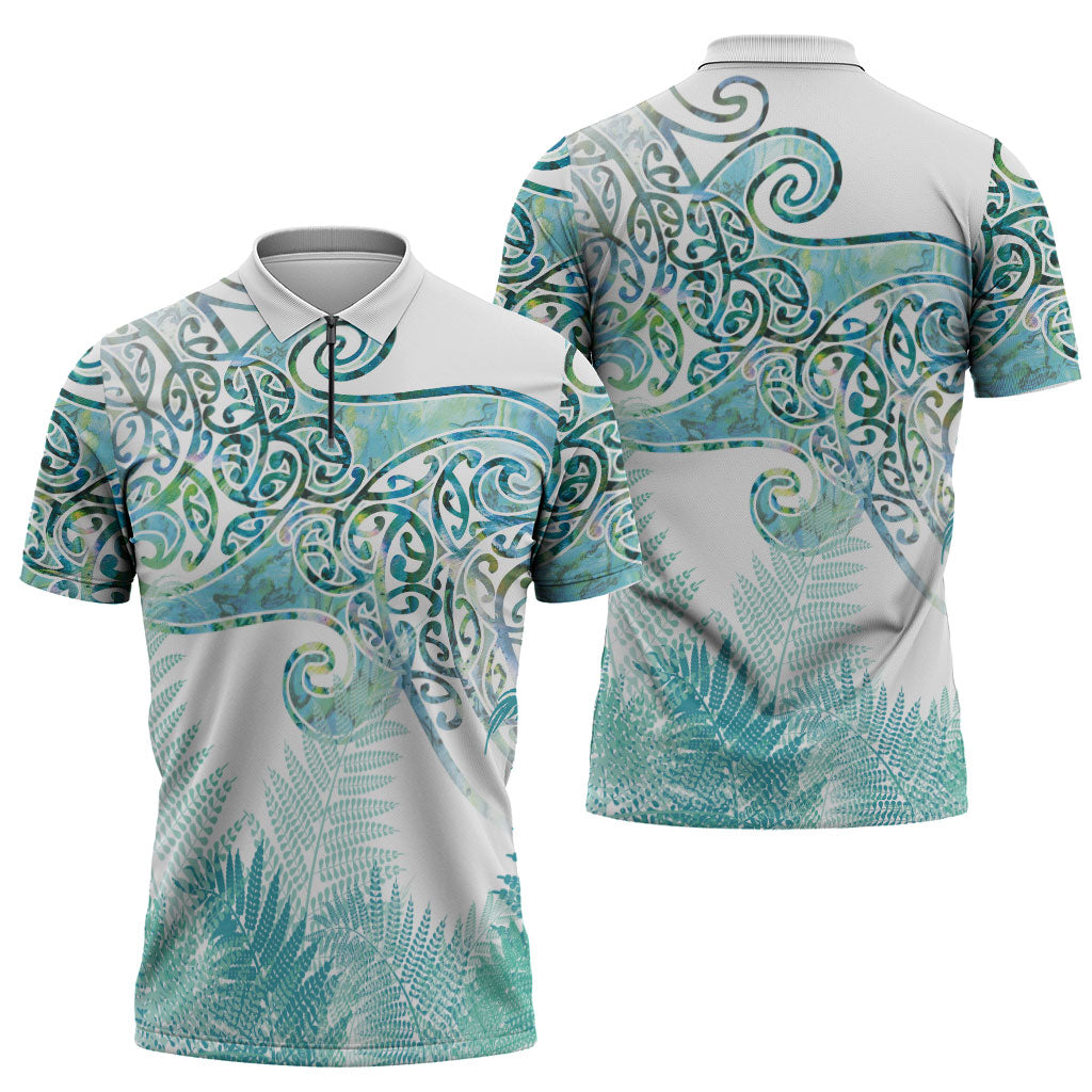 Aotearoa Maori Koru Curves Zipper Polo Shirt Mossy Paua Shell