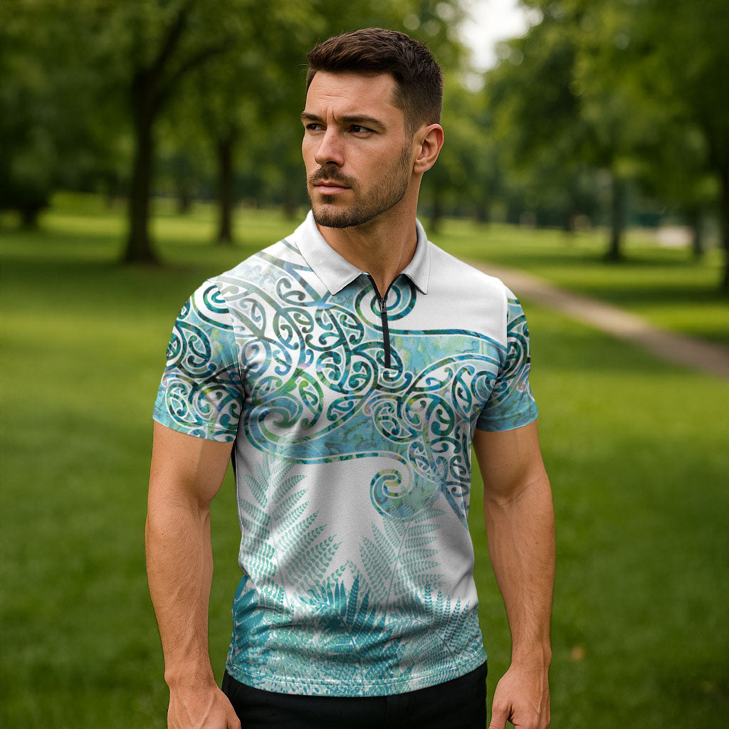 Aotearoa Maori Koru Curves Zipper Polo Shirt Mossy Paua Shell