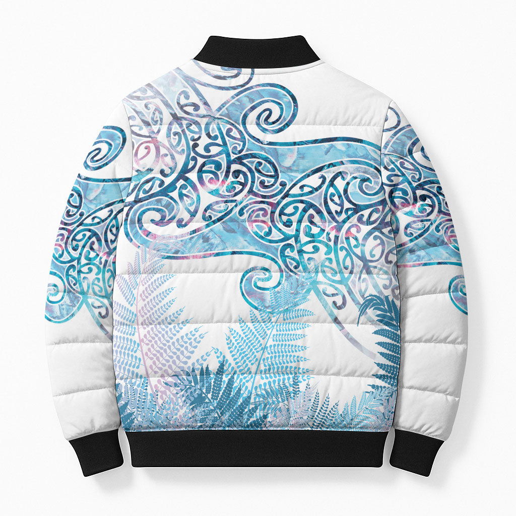 Aotearoa Maori Koru Curves Bomber Puffer Jacket Aqua Paua Shell