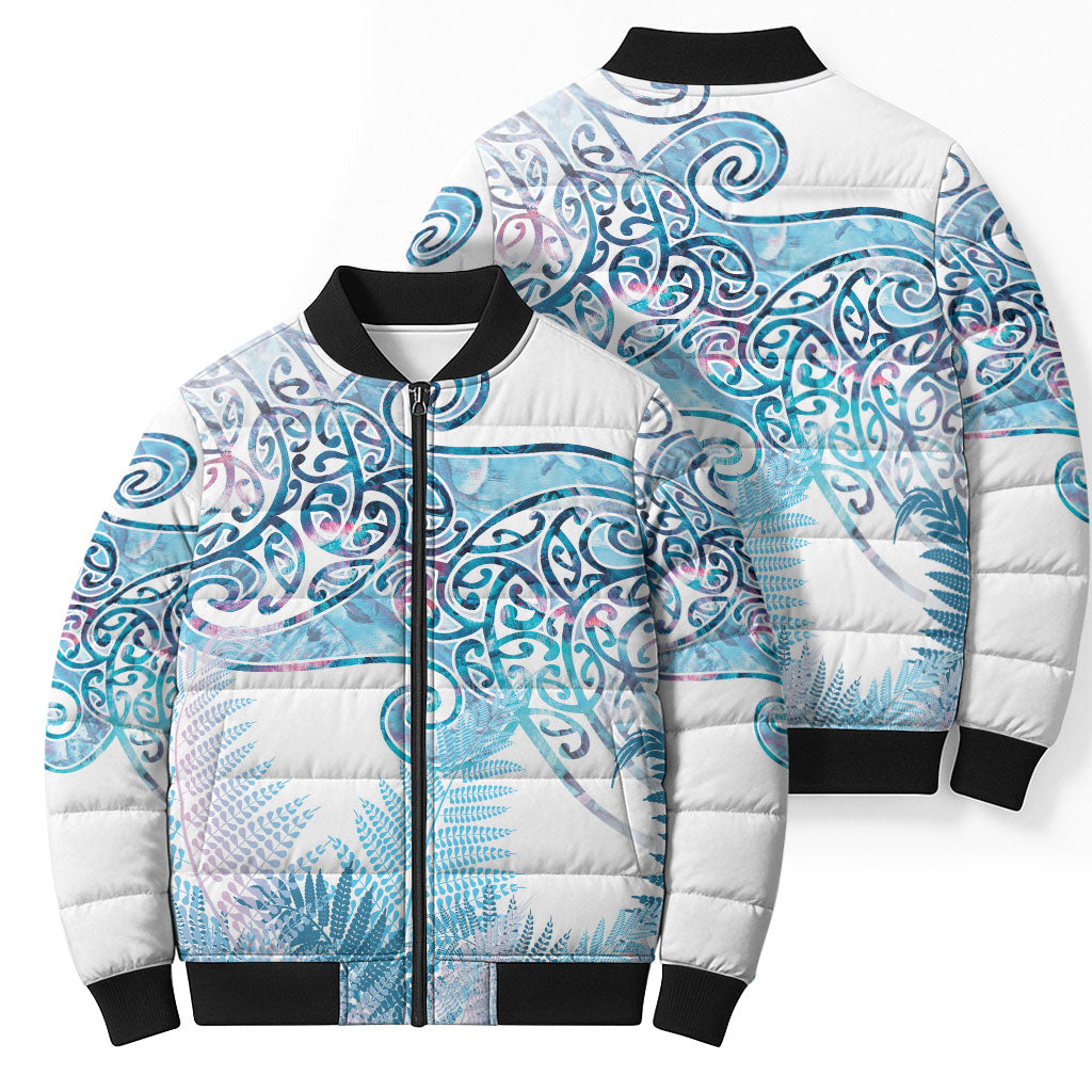 Aotearoa Maori Koru Curves Bomber Puffer Jacket Aqua Paua Shell
