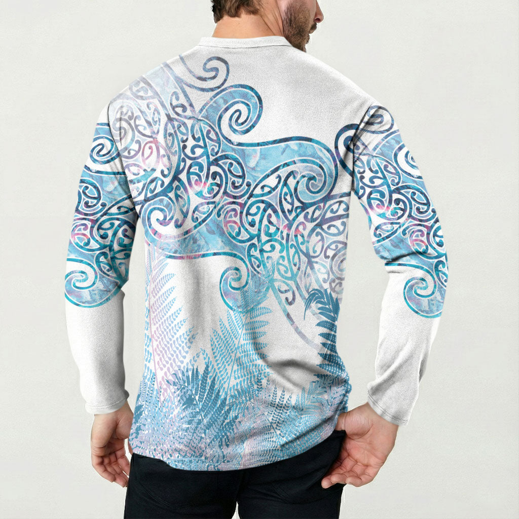Aotearoa Maori Koru Curves Button Sweatshirt Aqua Paua Shell