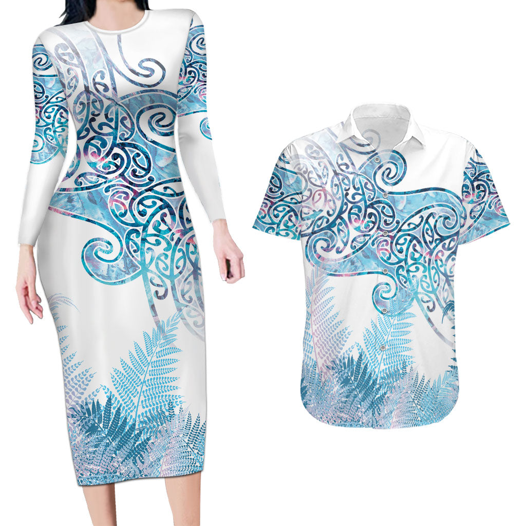 Aotearoa Maori Koru Curves Couples Matching Long Sleeve Bodycon Dress and Hawaiian Shirt Aqua Paua Shell