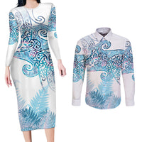Aotearoa Maori Koru Curves Couples Matching Long Sleeve Bodycon Dress and Long Sleeve Button Shirt Aqua Paua Shell LT7 Blue - Polynesian Pride