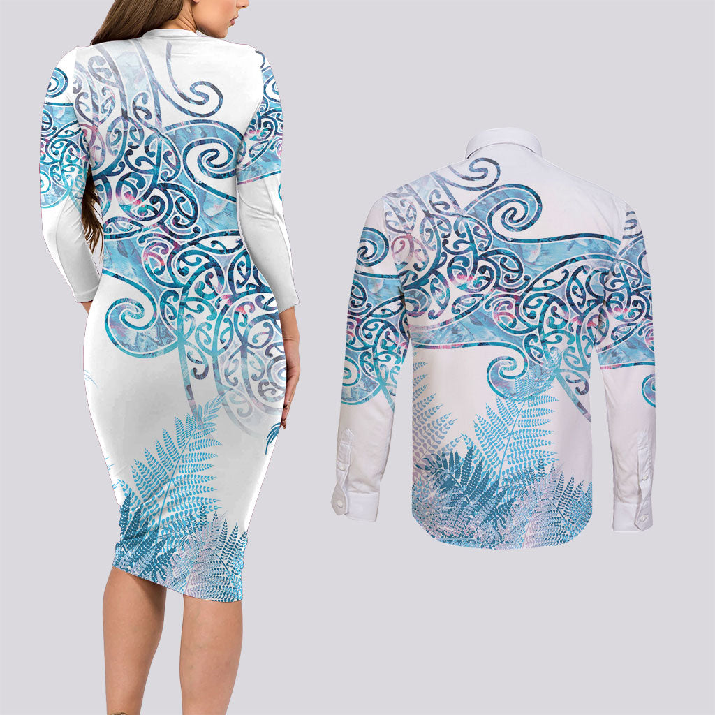 Aotearoa Maori Koru Curves Couples Matching Long Sleeve Bodycon Dress and Long Sleeve Button Shirt Aqua Paua Shell LT7 - Polynesian Pride
